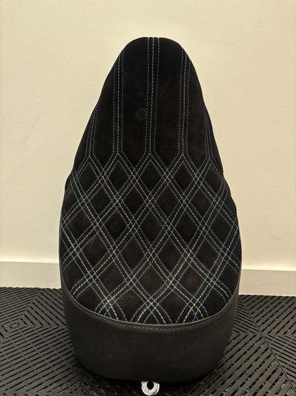 08-23 Touring Solo Custom Seat Suede Black/ Grey / Blue Stitching